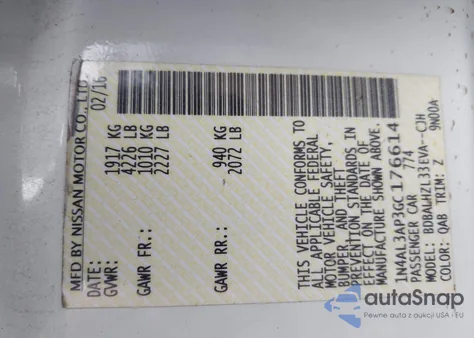 2016 Nissan Altima 2.5 Sr z USA, uszkodzony, nr VIN 1N4AL3AP3GC176614